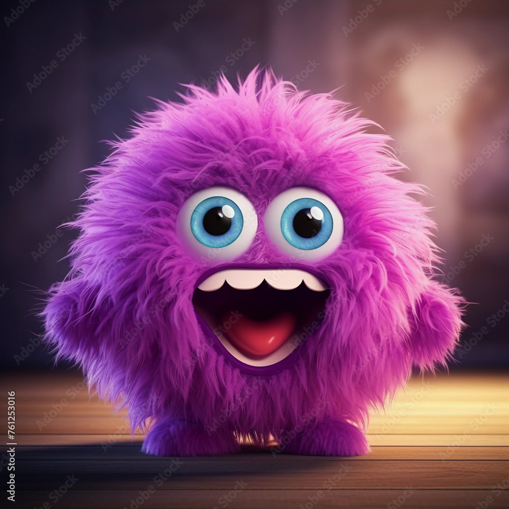 A fluffy ball-shaped surprised purple colored monster screams and waves its arms. Shocked smiley face. Funny children's toy. Facial expression 