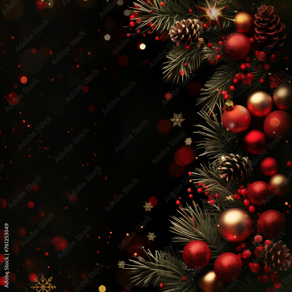 Christmas card with black background with a space for text. Christmas themed background with red and gold decorations, poinsettia flowers, holly leaves, pine branches, christmas balls, bokeh lights
