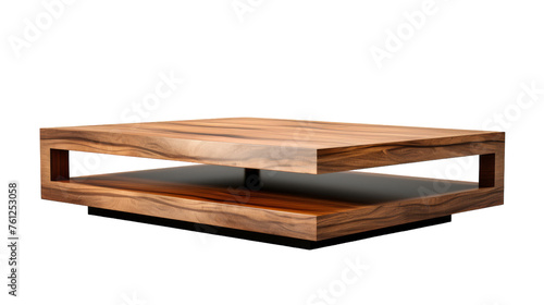 A luxurious wooden coffee table contrasts with a sleek black base