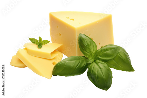 Block of Cheese With Basil Leaves and Cheese Cubes. On a White or Clear Surface PNG Transparent Background.