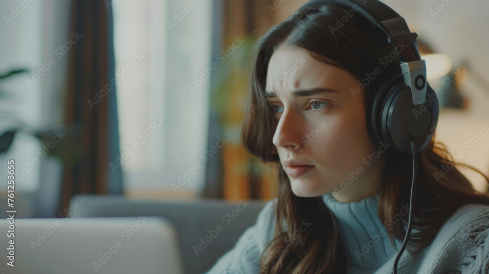 Young woman in headphones absorbed in online content. Young woman in headphones absorbed in online content.