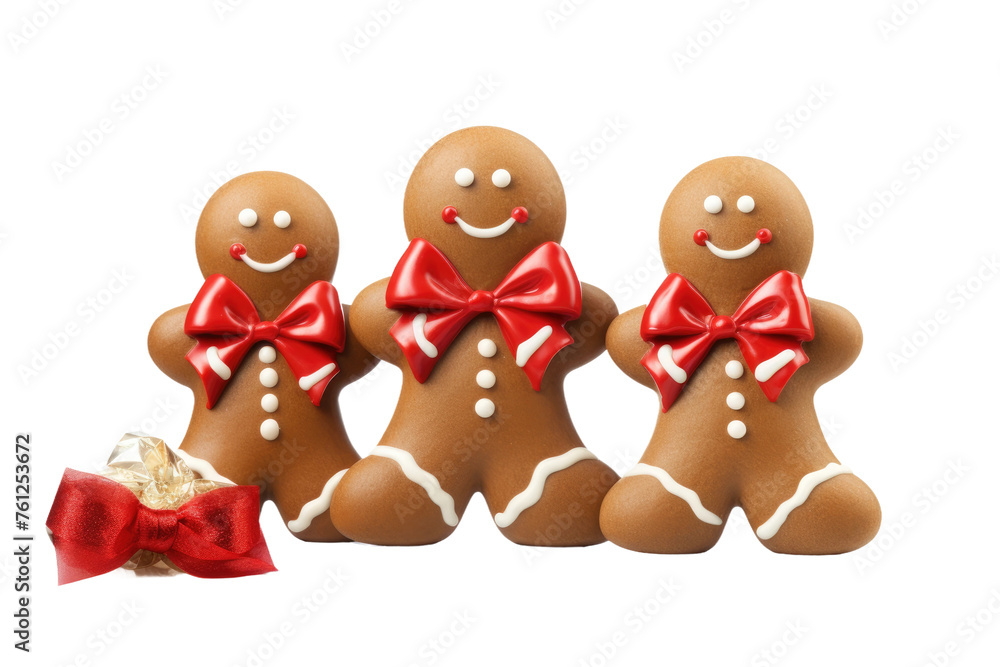 Three Gingerbread Men With Red Bow Ties. On a White or Clear Surface PNG Transparent Background. Three Gingerbread Men With Red Bow Ties. On a White or Clear Surface PNG Transparent Background.