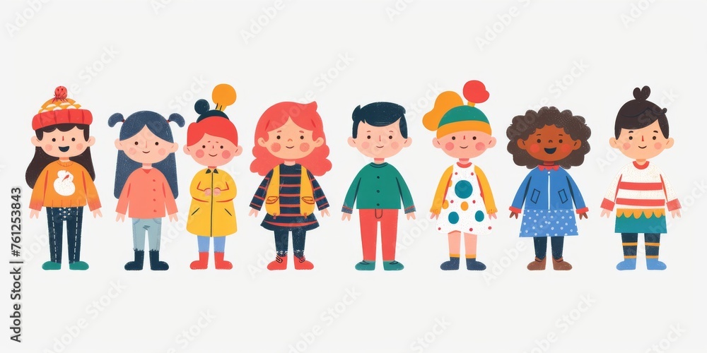 Fototapeta premium Variety of cartoon vector children in colorful outfits. A diverse group of cartoon children standing in row wearing various colorful outfits representing different styles and personalities 