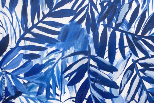 blue vines and leaves, in the style of minimalist ink wash, emotional gestural strokes, shiny/glossy, dark blue and white, tropical symbolism, leaf patterns, A dynamic abstract watercolor painting fea photo