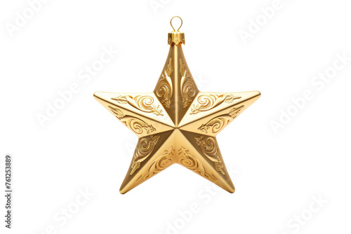 Gold Star Ornament Hanging From a String. On a White or Clear Surface PNG Transparent Background.