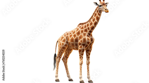 A majestic giraffe gracefully stands in front of a white background, gazing up at the sky © FMSTUDIO