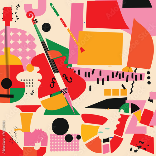 Abstract Music Background, vector illustration. Collage with musical instruments.