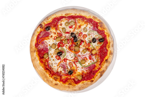 Pizza Diablo Diavolo hot chili peppers on a wooden background top view.