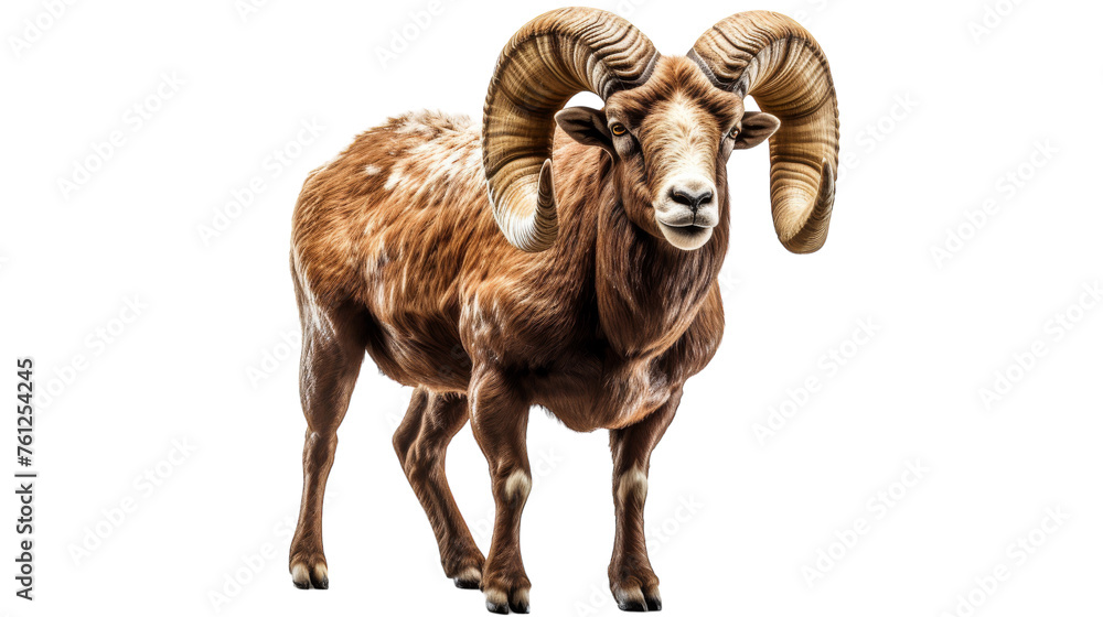 A powerful ram with large horns stands proudly in front of a white background A powerful ram with large horns stands proudly in front of a white background