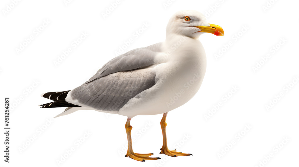 A lone seagull gracefully stands on a pristine white background A lone seagull gracefully stands on a pristine white background