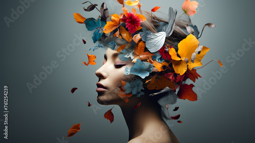 A beautiful woman's head with flowers, leaves and petals flying around her face, in the style of surrealism, creative photography, isolated on gray background © Oksana
