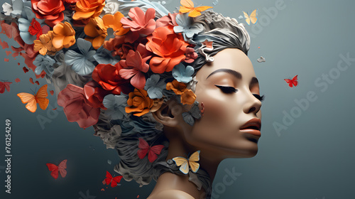 A beautiful woman's head with flowers, leaves and petals flying around her face, in the style of surrealism, creative photography, isolated on gray background