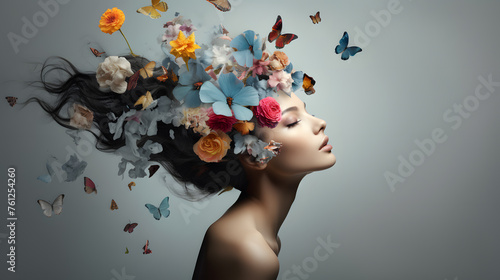 A beautiful woman's head with flowers, leaves and petals flying around her face, in the style of surrealism, creative photography, isolated on gray background © Oksana