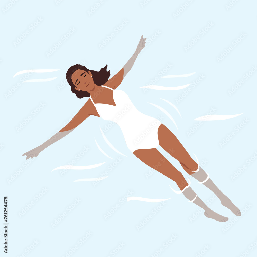 Fototapeta premium Flat lay of young happy female cartoon character relaxing in sea ocean or swimming in pool in bikini. Flat vector illustration isolated on white background