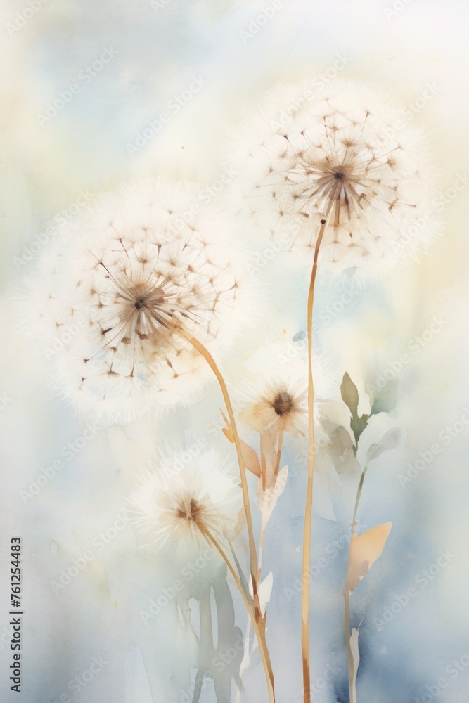 background with flowers, watercolor dandelions, This fine art watercolor background captures the organic beauty and minimalist elegance of dandelions, suitable for a soothing room ambiance..