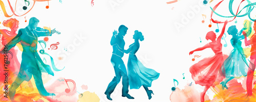 A vibrant painting depicting two people gracefully dancing amidst swirling musical notes. The figures are captured in fluid motion, embodying the harmony between music and dance. Banner. Copy space