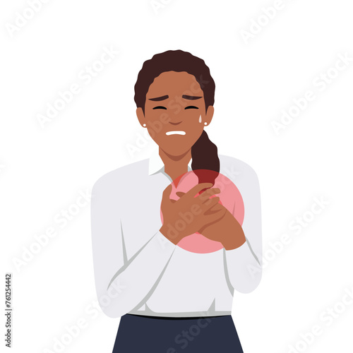 Sick woman suffer from pain in heart. Unwell female struggle with heart attack. Healthcare and medicine. Flat vector illustration isolated on white background