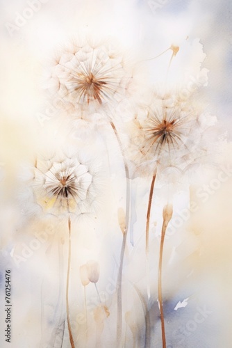 dandelions in watercolor, with soft.beige and pastel tones, offering a delicate and tranquil wall art piece for modern home decor.