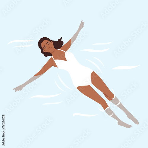 Flat lay of young happy female cartoon character relaxing in sea ocean or swimming in pool in bikini. Flat vector illustration isolated on white background