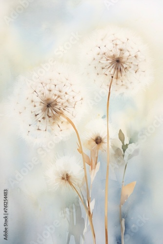 background with flowers  watercolor dandelions  This fine art watercolor background captures the organic beauty and minimalist elegance of dandelions  suitable for a soothing room ambiance..