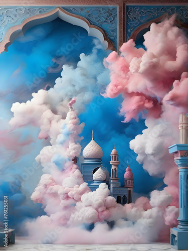 A distinctive Islamic decoration on the wall , blue and pink clouds