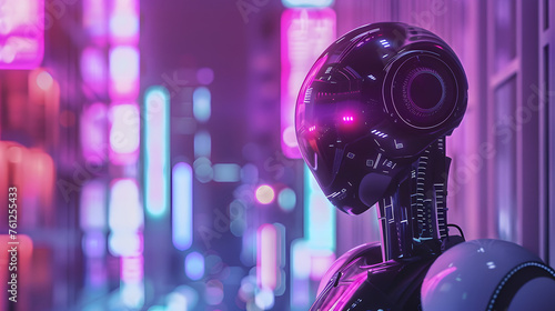 Head, uturistic robot exploring a neon-lit cityscape