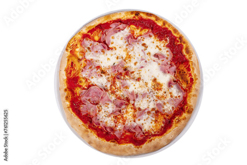 Pizza with prosciutto parma ham on wooden background top view. Italian cuisine
