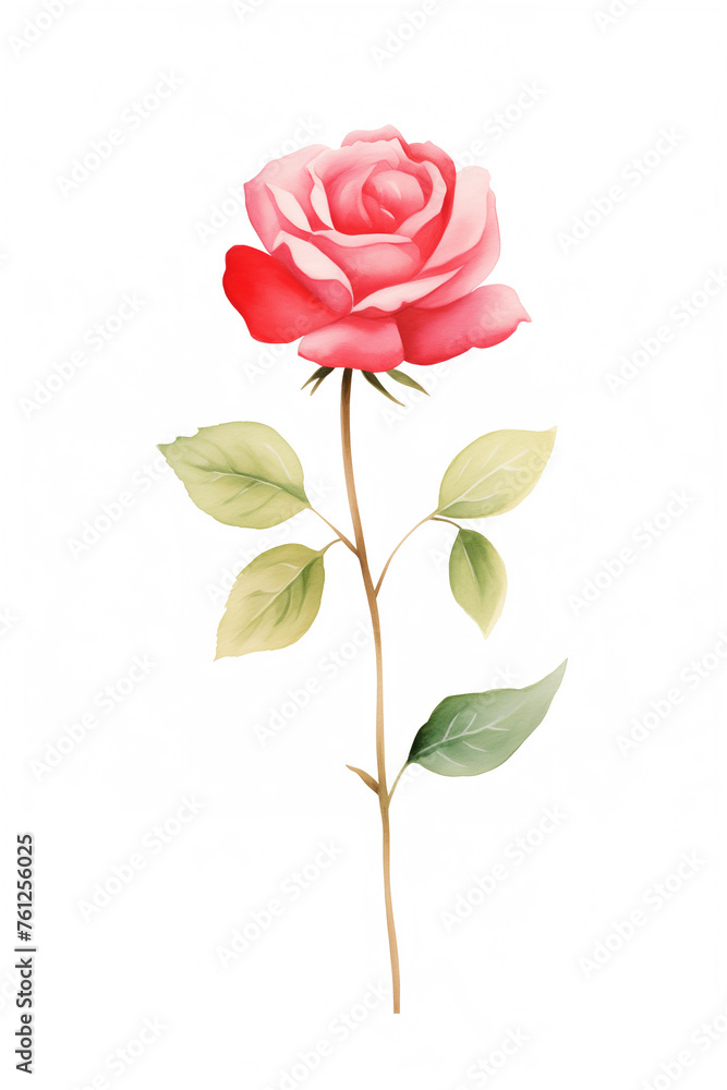 Obraz premium watercolor illustration red Rose flower and green leaves. Florist bouquet, International Women's Day, Mother's Day, wedding flowers.