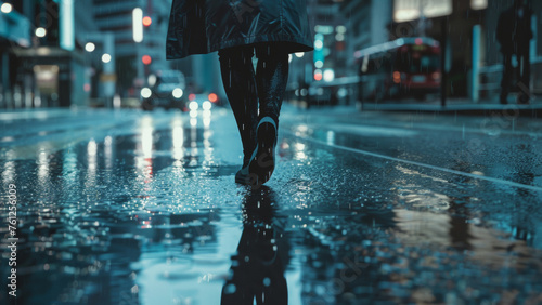 Mysterious figure walking alone on a rainy night, reflected on the wet city streets under moody lights.