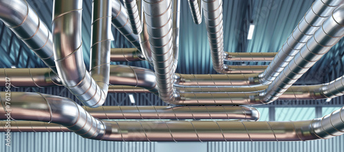 Steel pipes under roof building. Engineering communication. Air supply pipeline. Ventilation pipes under roof. Industrial background. Tangled metal pipes. Ventilation system at enterprise. 3d image