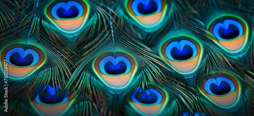 Animal bird background. Closeup of peacock feathers, top view. Generative AI © Suresh Picture