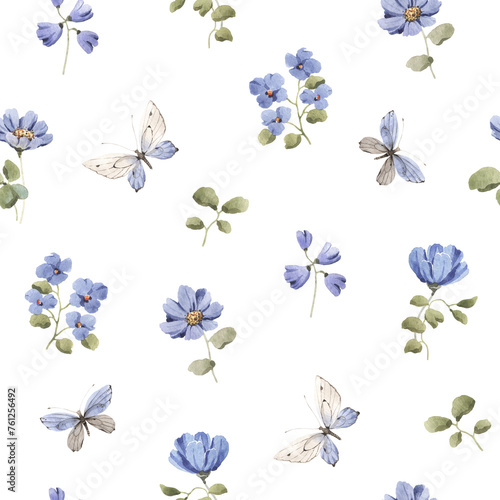 Seamless floral pattern with blue abstract wildflowers and abstract flying butterflies, watercolor isolated illustration, floral print for textile or wallpapers, delicate cute background.