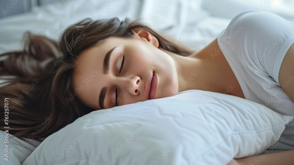 A peaceful sleeping beauty enjoys a rejuvenating slumber in a cozy bedroom setting. A peaceful sleeping beauty enjoys a rejuvenating slumber in a cozy bedroom setting.