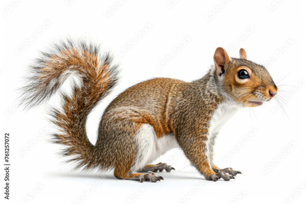 Fototapeta premium Squirrel with fluffy tail isolated on white background close up, side view 