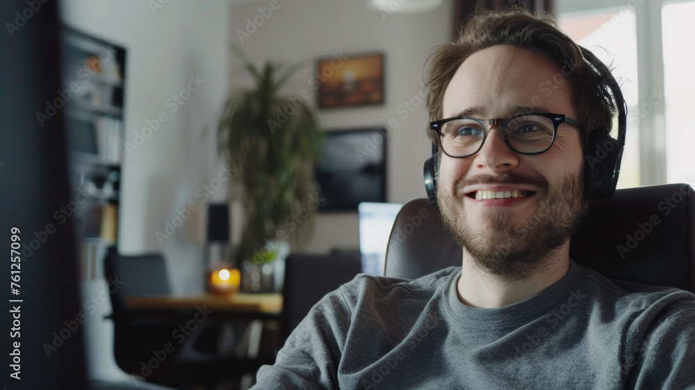 A cheerful man with glasses engages in a video call, a warm smile spreading across his face. A cheerful man with glasses engages in a video call, a warm smile spreading across his face.
