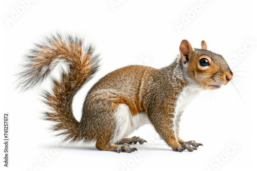 Squirrel with fluffy tail isolated on white background close up, side view
