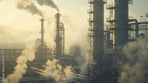 Dusk descends on an industrial landscape, smokestacks shrouded in atmospheric haze.