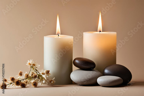 er Burning candle on a beige background, creating a warm aesthetic composition with stones and dry flowers, perfect for home decor 