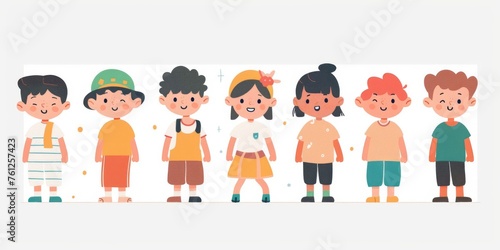 Variety of cartoon vector children in colorful outfits. A diverse group of cartoon children standing in row wearing various colorful outfits representing different styles and personalities 