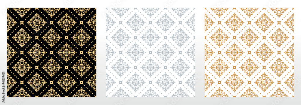 Wallpapers in the style of Baroque. Seamless vector backgrounds. Set of colored floral ornaments. Graphic patterns for fabric, wallpaper, packaging. Ornate Damask flower ornaments Wallpapers in the style of Baroque. Seamless vector backgrounds. Set of colored floral ornaments. Graphic patterns for fabric, wallpaper, packaging. Ornate Damask flower ornaments