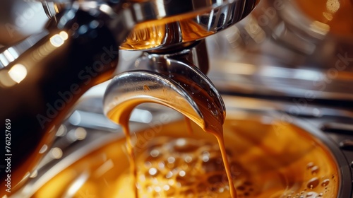 Close-up of espresso pouring from coffee machine. Professional coffee brewing photo