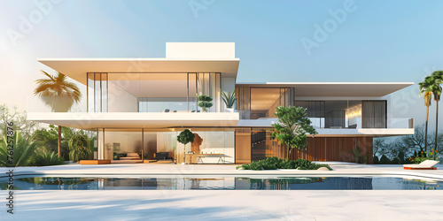  Minimalist modern white house exterior with swimming pool terrace Modern villa with a minimalist exterior, incorporating clean lines and large glass panels 