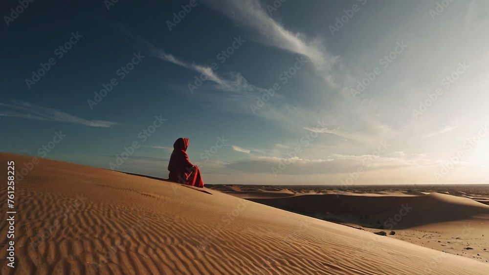 Obraz premium A woman in a red robe sits on a sandy hillside overlooking a desert
