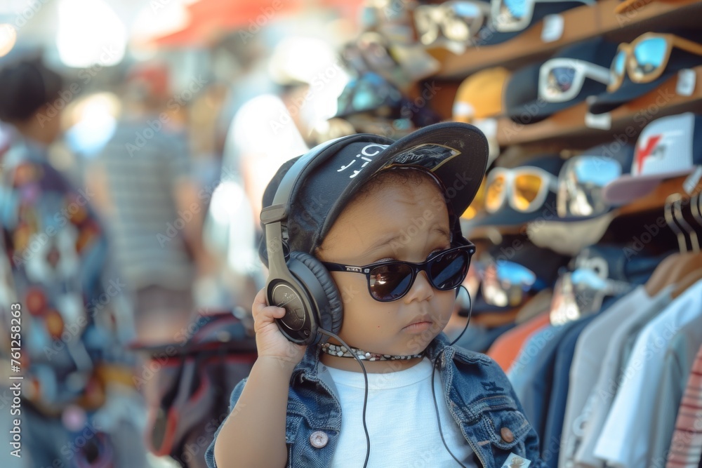 A stylish kid in a baseball cap and sunglasses listens to music with headphones while exploring an outdoor clothing market. A stylish kid in a baseball cap and sunglasses listens to music with headphones while exploring an outdoor clothing market.