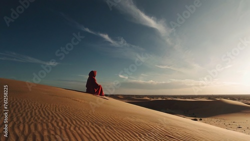 A woman in a red robe sits on a sandy hillside overlooking a desert