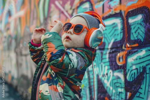 A trendy toddler in sunglasses enjoys music with bright orange headphones against a vibrant graffiti backdrop.