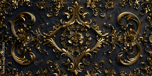 Pattern fantasy book endpaper black and golden decore roses and swirls finely detailed Abstract background features a black and gold baroque pattern with swirling leaves.AI Generative photo