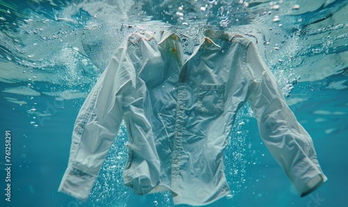 Submerged White Dress Shirt Gently Billowing in Clear Blue Water. Decontamination concept