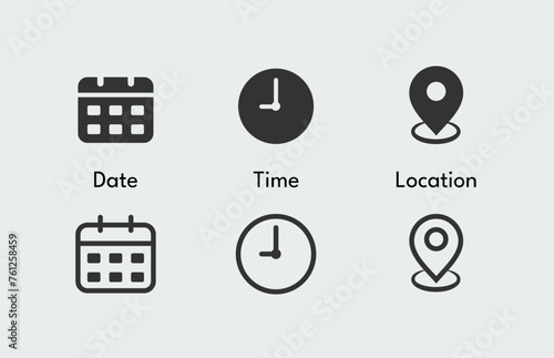 Date, time, location address icon set. Calendar, clock, location, reminder, adress symbols business sign stock illustration