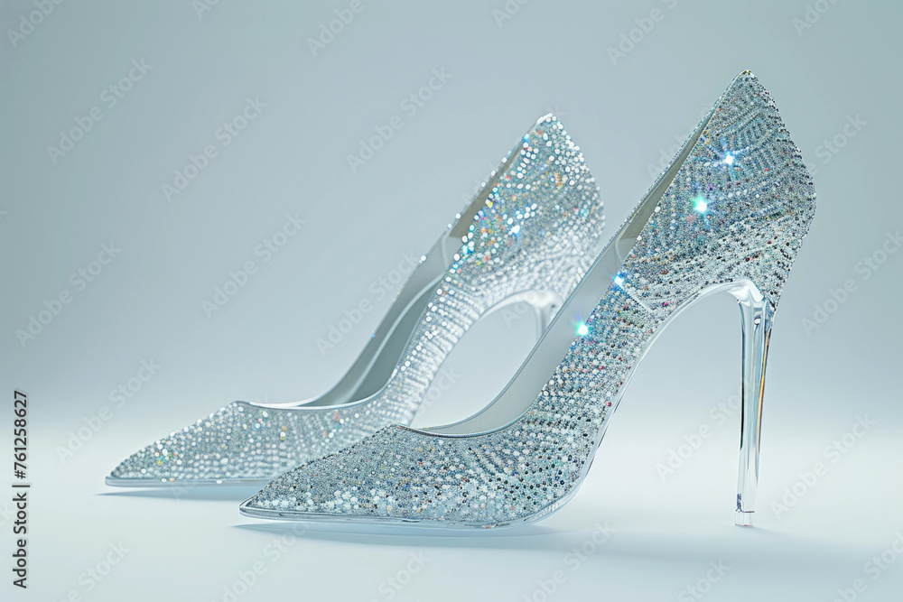 luxury high heels studded with diamonds or gemstones on a light empty background with space for text or inscriptions, front view luxury high heels studded with diamonds or gemstones on a light empty background with space for text or inscriptions, front view